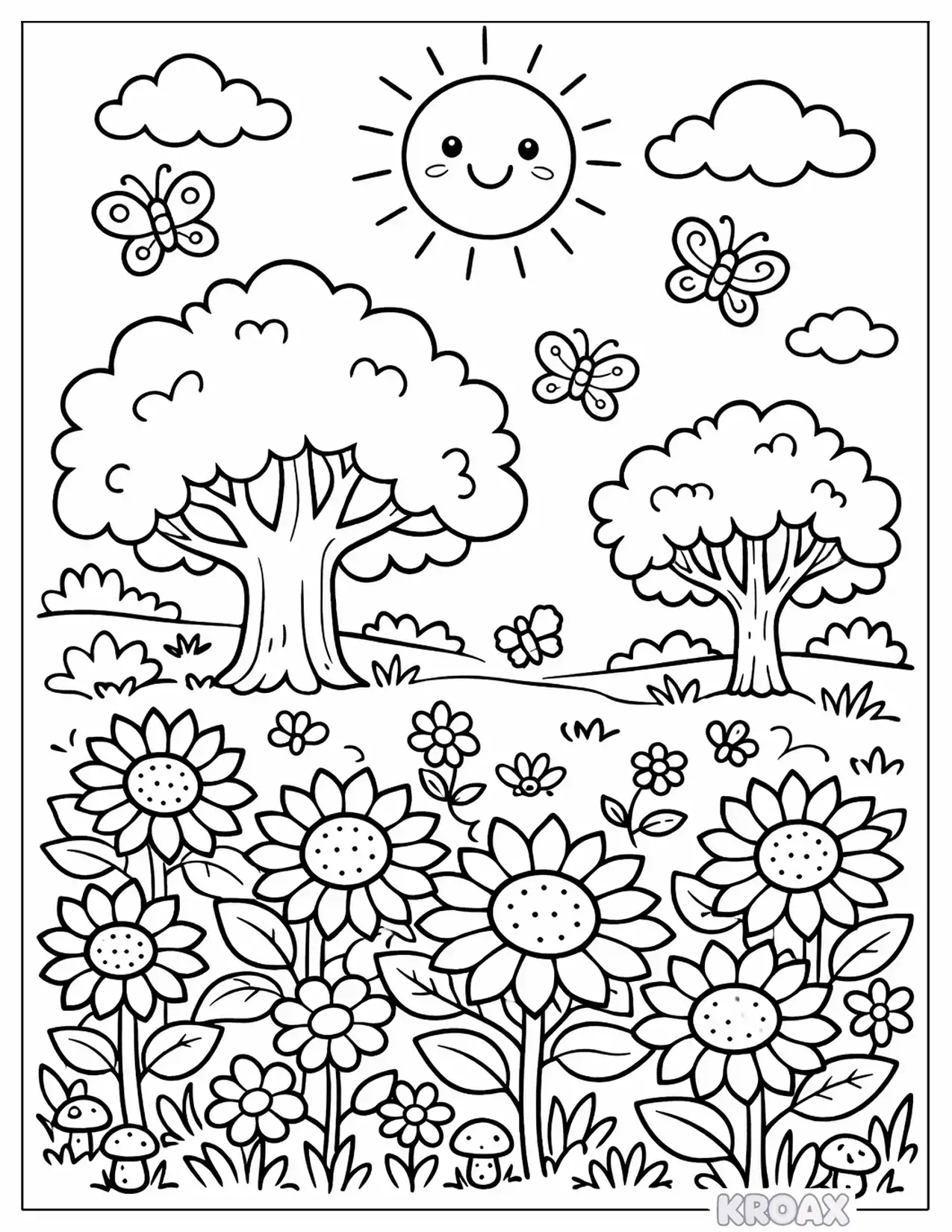 sunflower meadow with scattered trees and butterflies printable coloring page