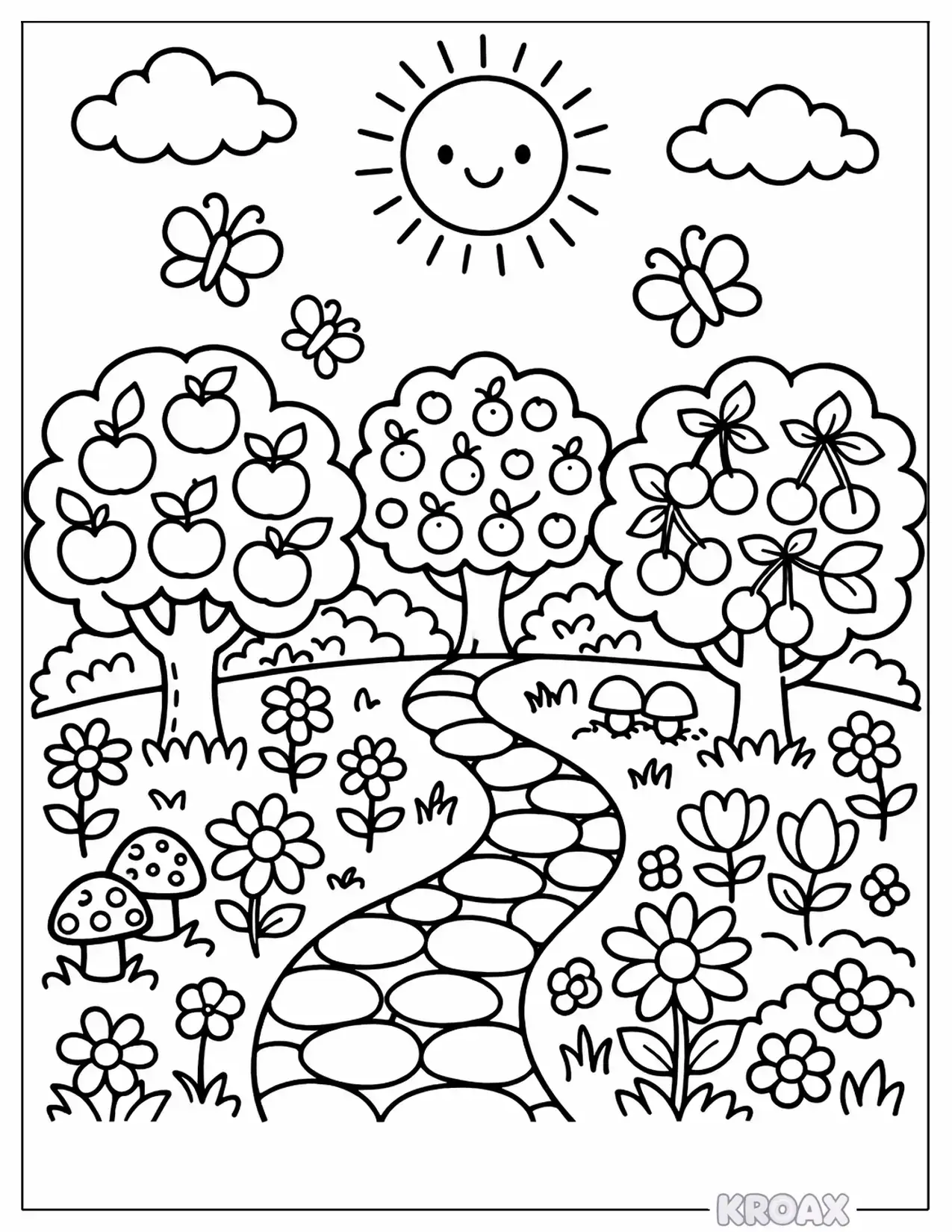 sunny garden with fruiting trees and butterflies printable coloring page