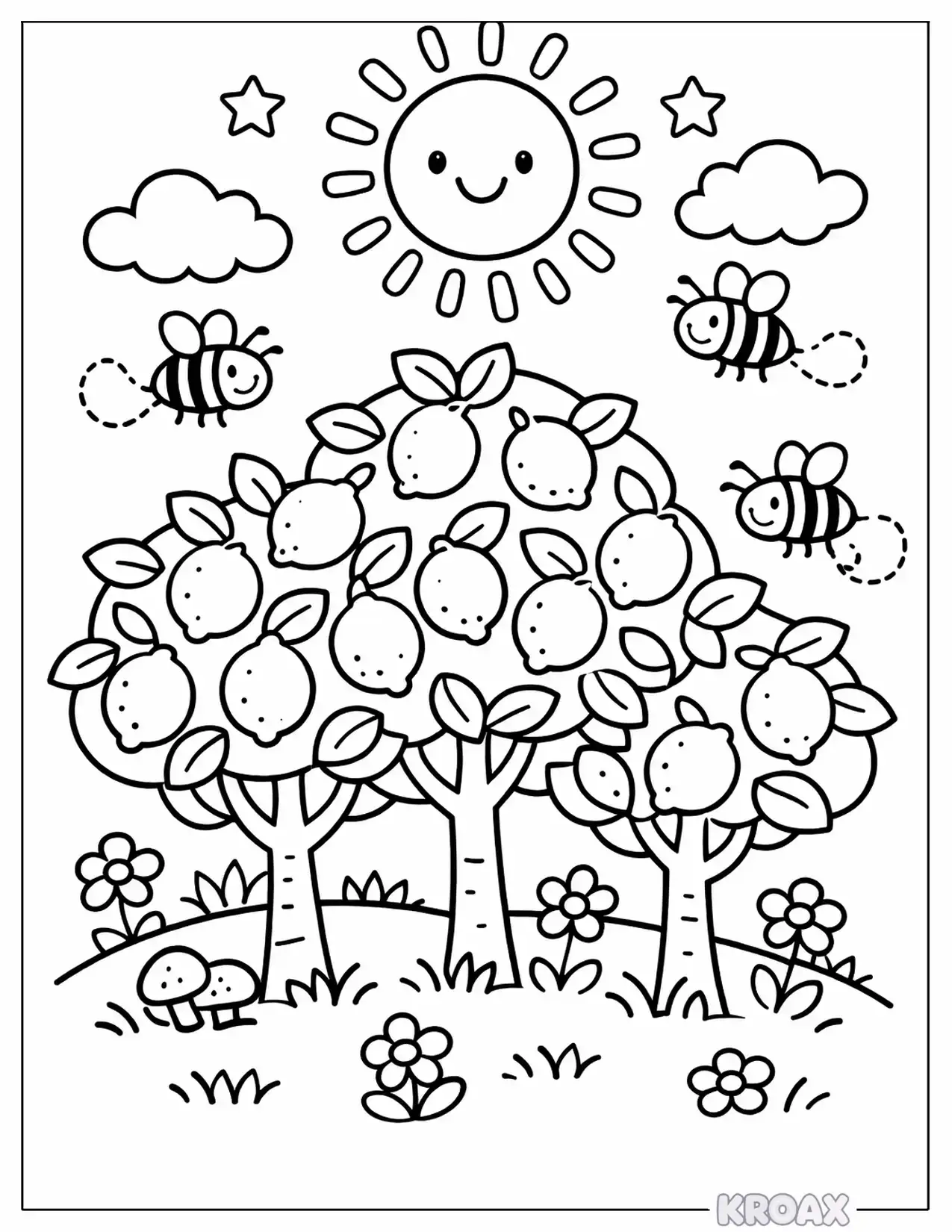 sunny lemon tree grove with buzzing bees printable coloring page