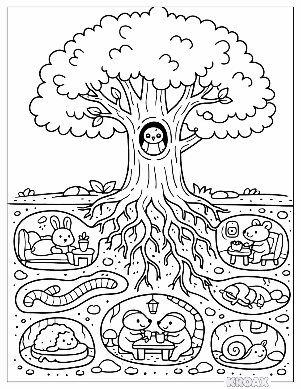 tree with visible roots and underground tunnels printable coloring page