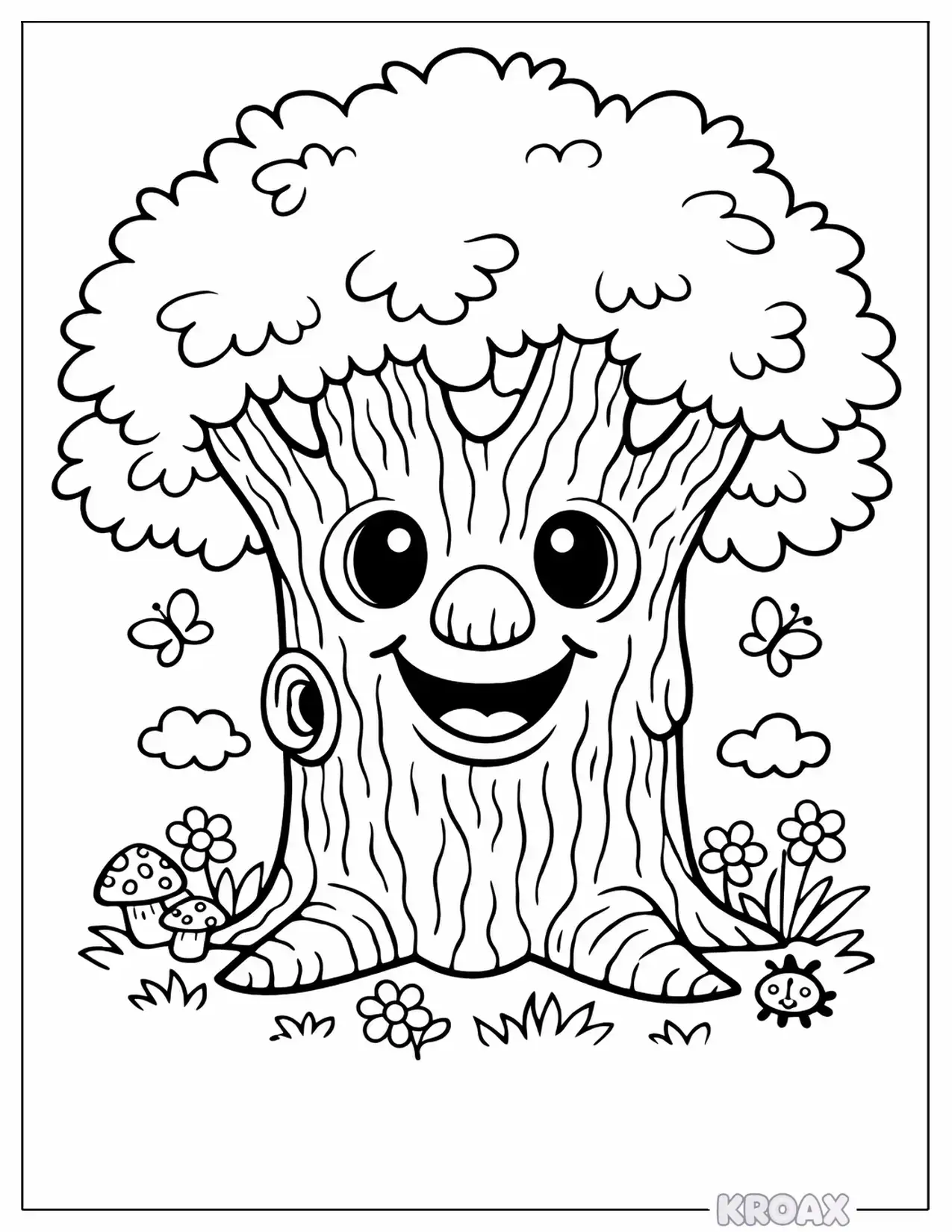 whimsical tree monster with friendly face printable coloring page