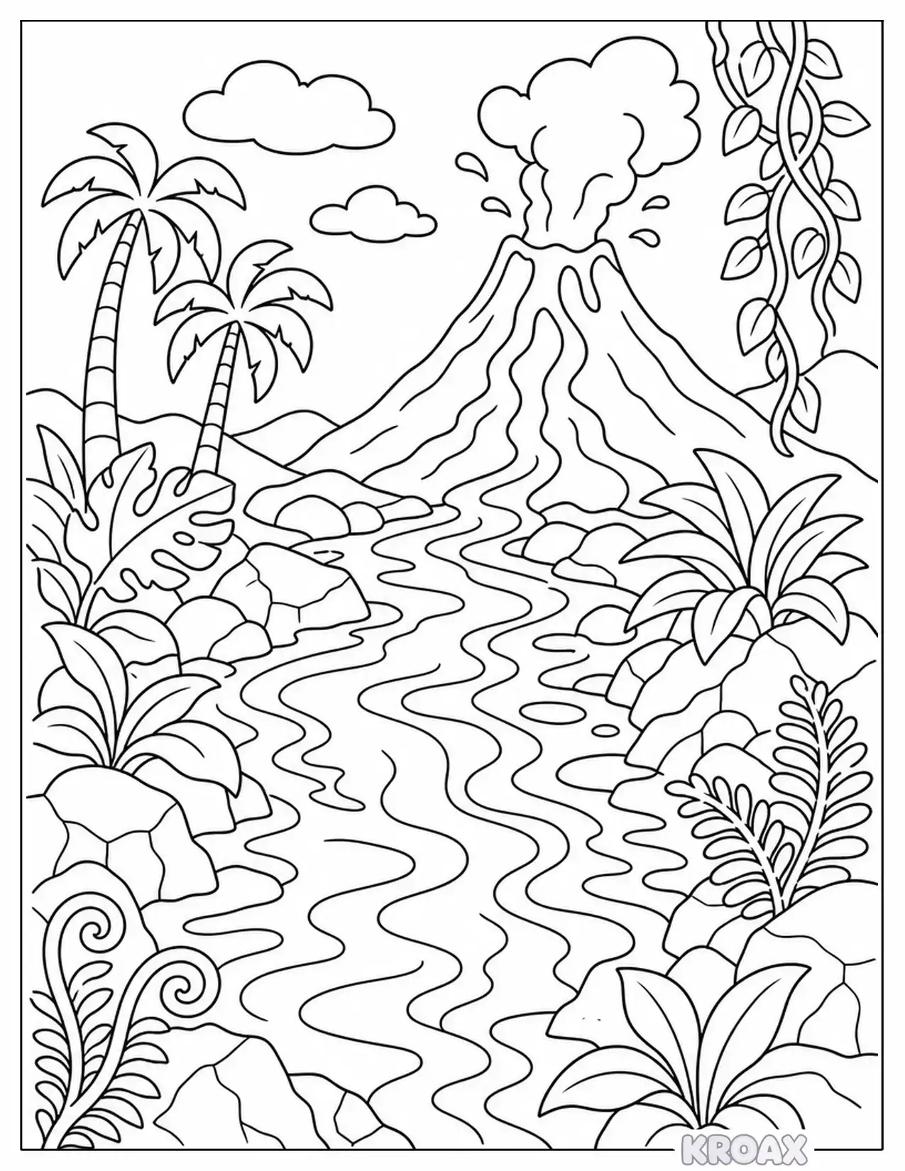 ancient lava fields with tropical plants printable coloring page