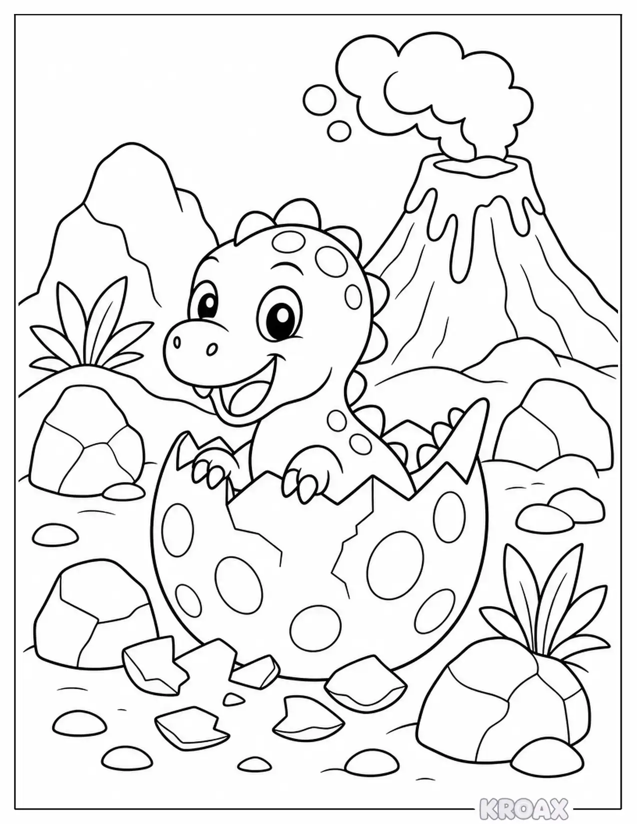 baby dinosaur hatching near volcano rocks printable coloring page