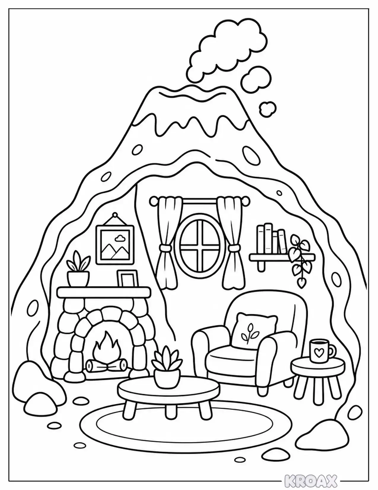cozy cave inside the mountain printable coloring page