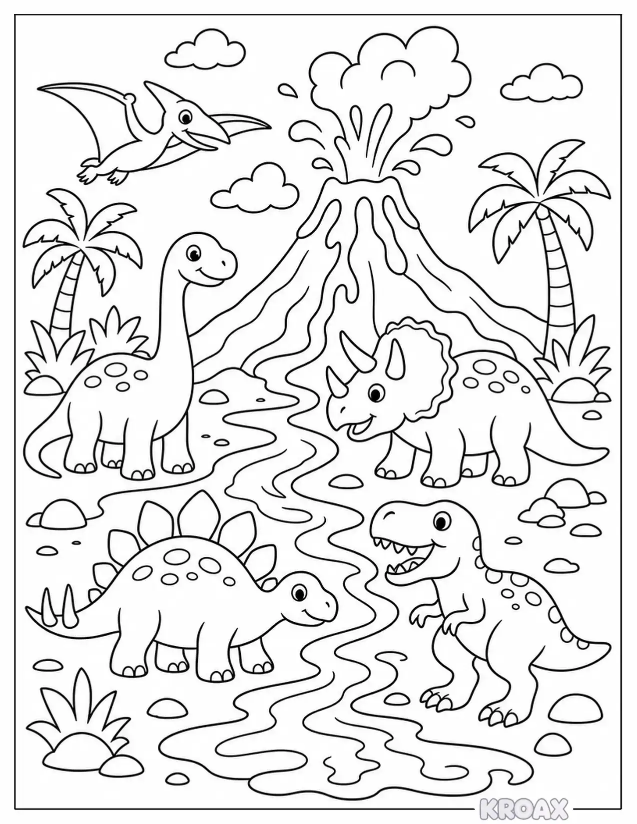 dinosaur land with erupting volcano printable coloring page