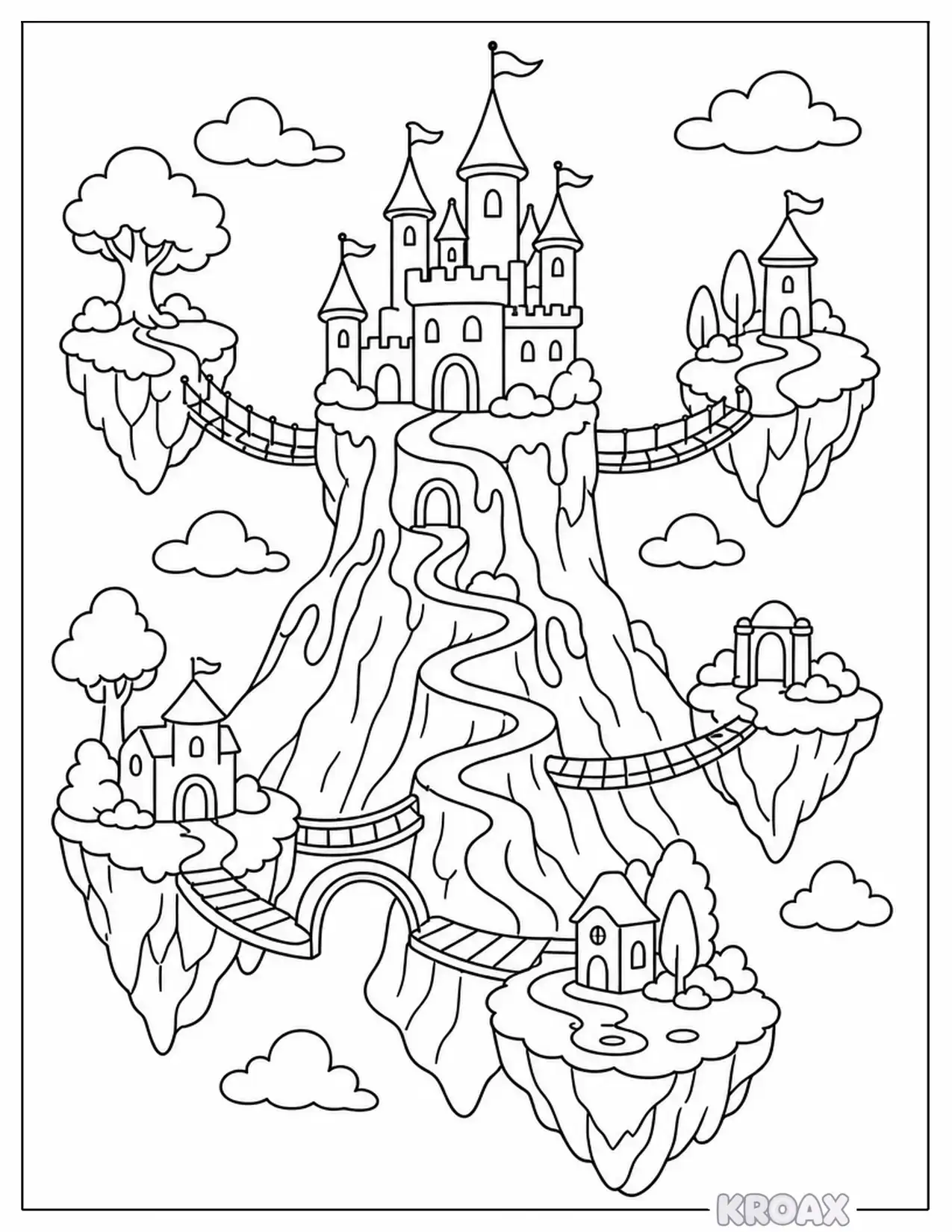 magical volcano castle with floating islands printable coloring page