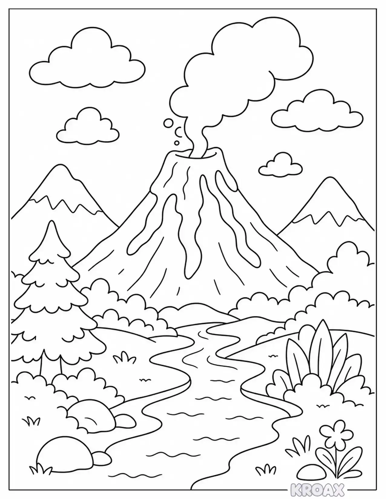 steaming volcano peak surrounded by clouds printable coloring page