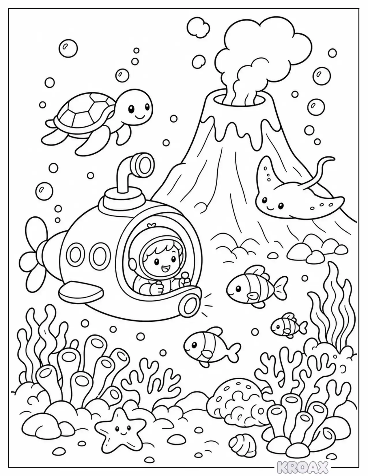underwater volcano discovery scene printable coloring page