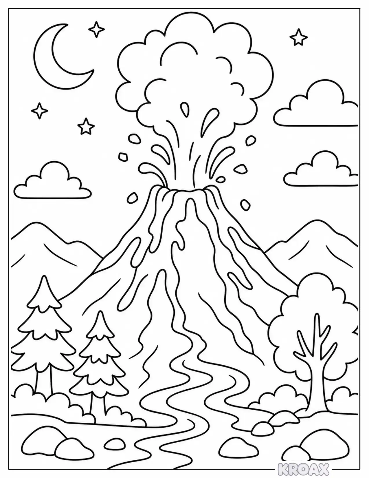 volcano eruption at twilight with glowing lava printable coloring page
