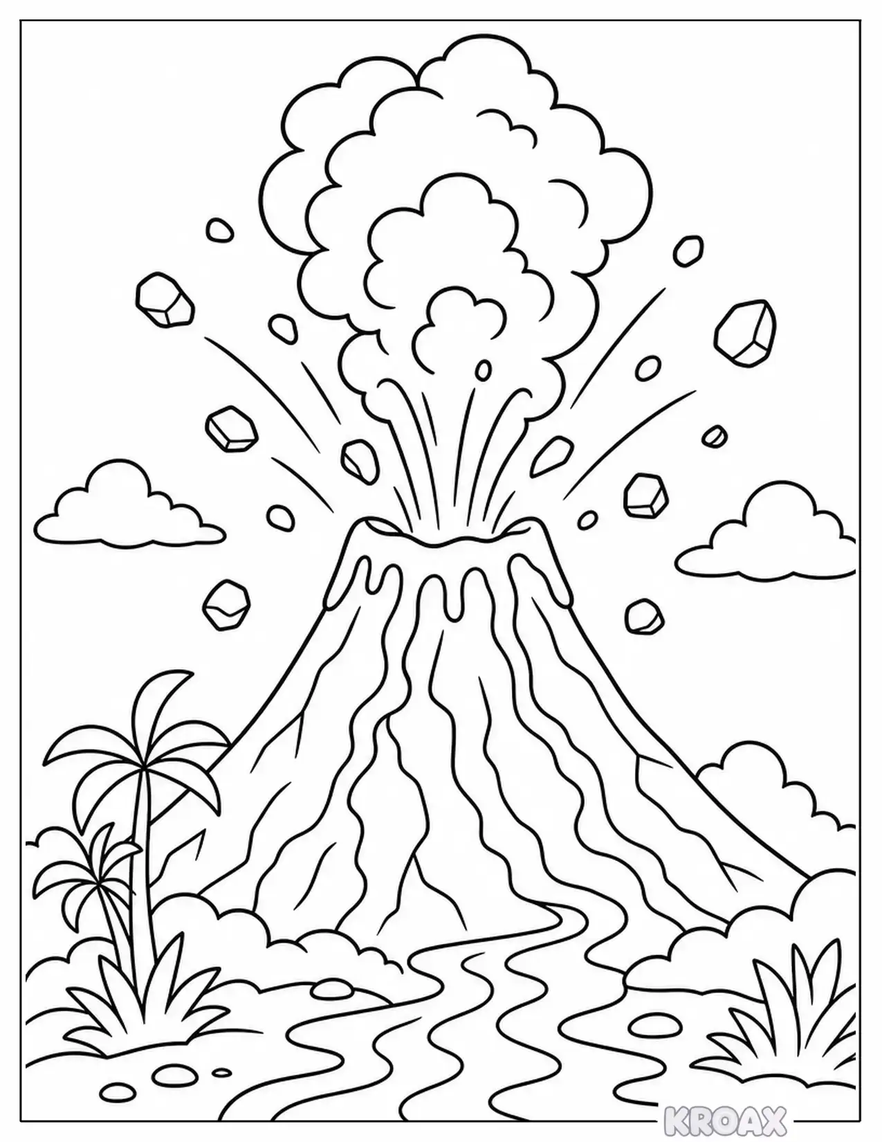 volcano eruption with flying ash and sparks printable coloring page
