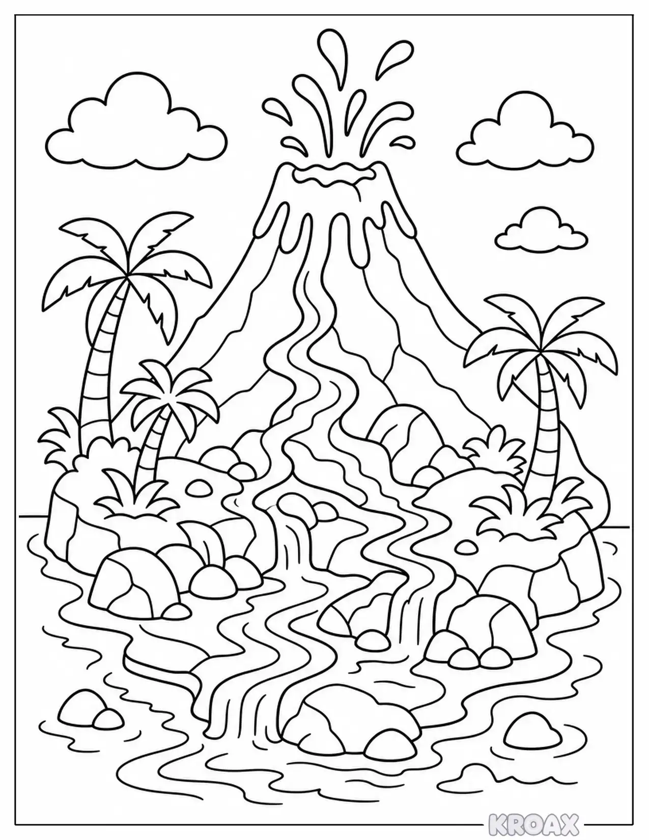 volcano island with flowing lava rivers printable coloring page