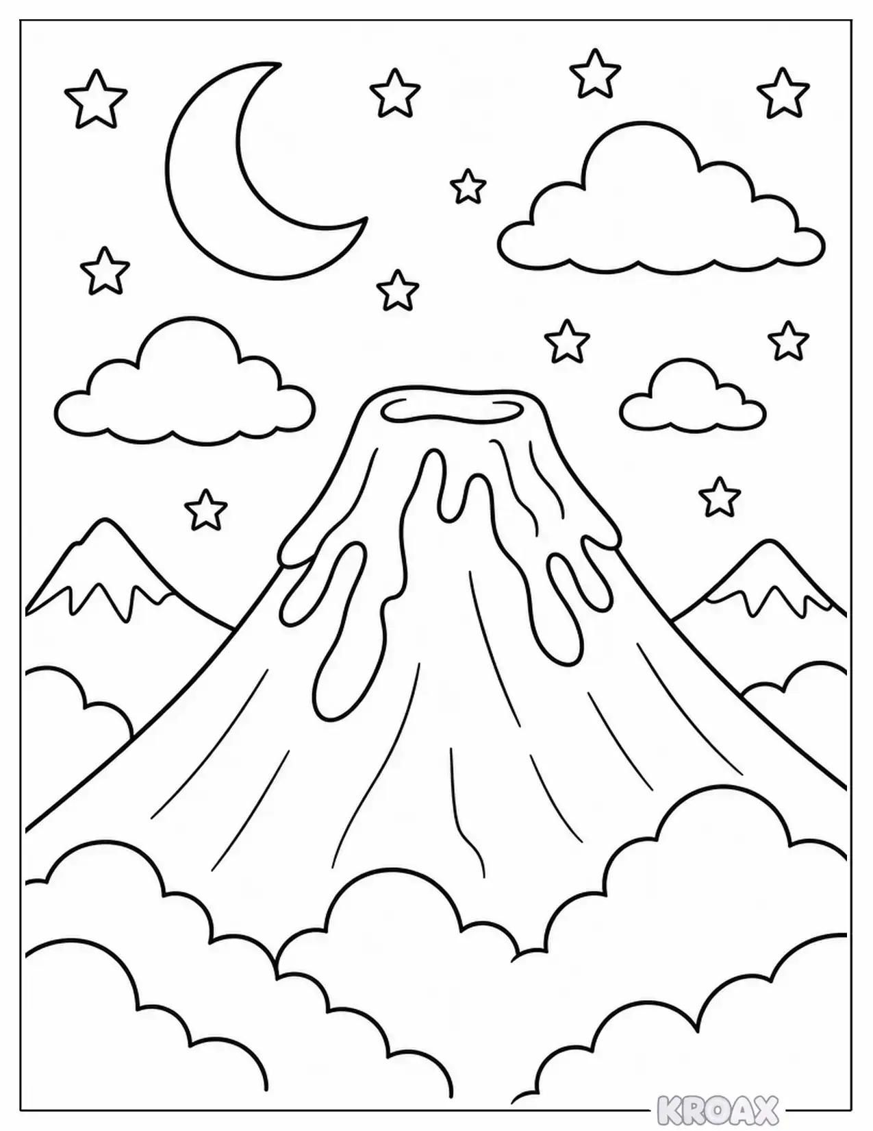 volcano peek behind clouds and stars printable coloring page