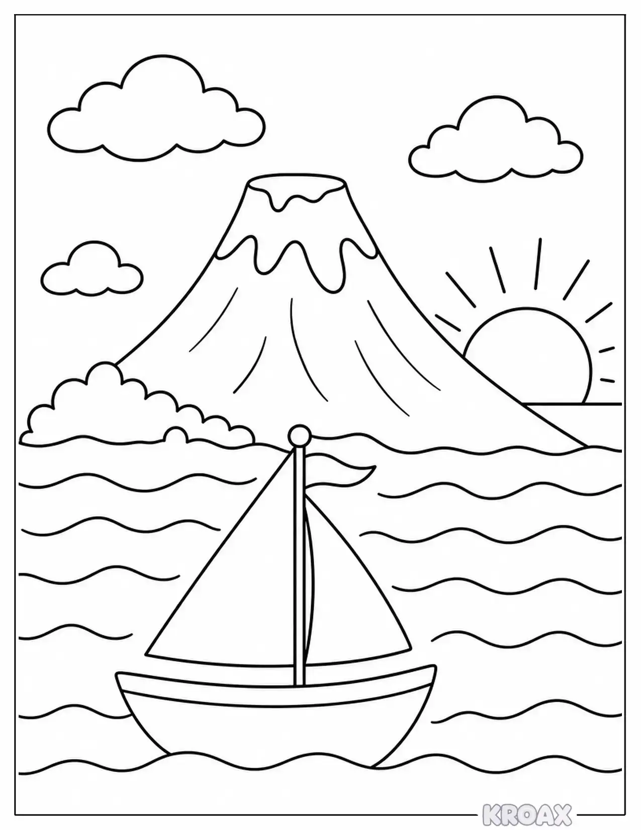 volcano sunset over ocean waves printable coloring page