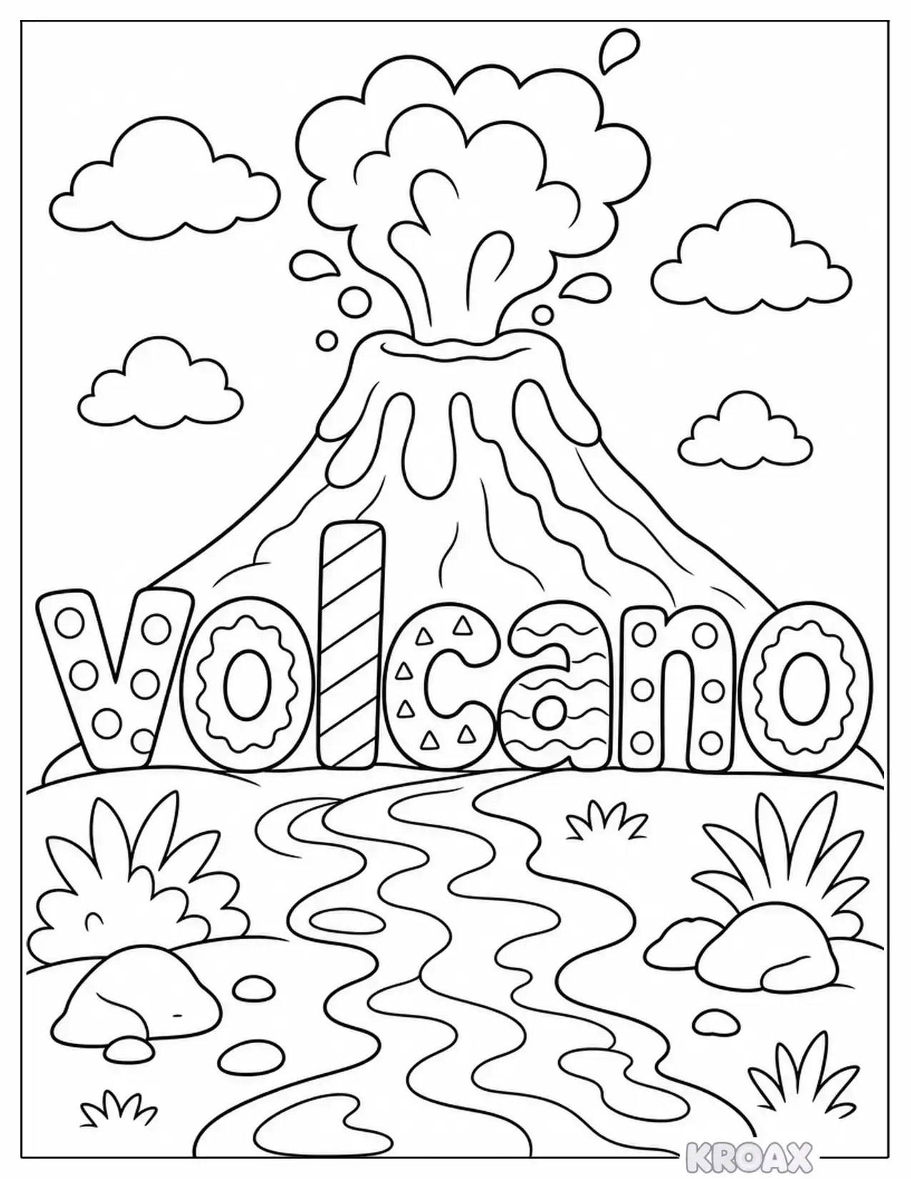 volcano text art with colorful letter design printable coloring page