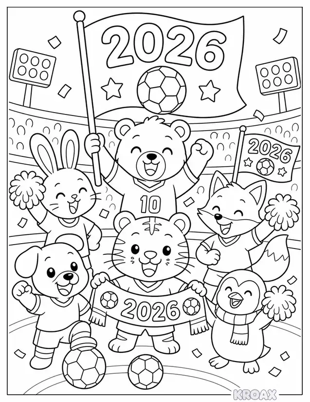 cute animals cheering with flags printable coloring page