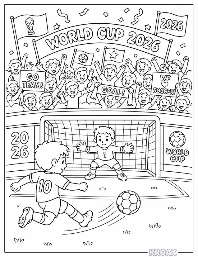 easy world cup 2026 goal kick scene printable coloring page