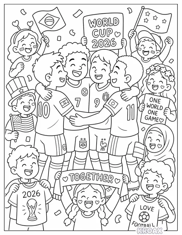 international football players and fans celebrating printable coloring page
