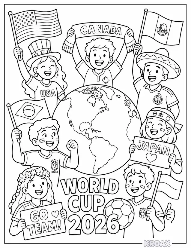 world cup 2026 fans waving flags around the globe printable coloring page